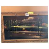 VINTAGE CLOTH DONE PICTURE OF SHIP IN HARBOR WITH