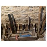 WOOD TOOLBOX, T SQUARE, KNIVES ETC.