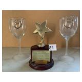 2 WINE GLASSES AND AWARD