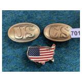 BRASS US, CS AND AMERICAN FLAG BELT BUCKLES