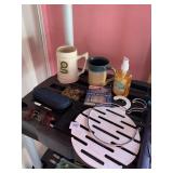 SCARF HANGERS, HAND THROWN POTTERY MUG, GLASSES,