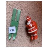 VINTAGE SANTA CANDY HOLDER, METAL SKIS, PLASTIC