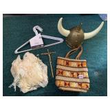 VIKING HAT, BRASS CROSS, NEEDLEPOINT TOTE BAG,