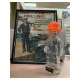 GLASS BOTTLE SKIN BRACER AND FRAMED US NAVY AD