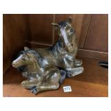 TWO HORSES LAYING DOWN MADE OF PLASTER 11 INCHES