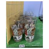 8 VILLAGE SCENE GLASSES WITH HORSE AND CARRIAGE