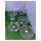 PYREX GLASS PIE PAN, EGG PLATE, FRUIT BASKET W/