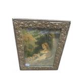 PRINT OF WOMAN IN CHAIR OUTDOORS WITH FLOWERS