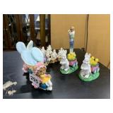 7 BUNNY DECORATIONS AND BUNNY IN CART