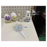 SWAN PORCELAIN PIN CUSHION AND MIRROR WITH
