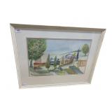 WATERCOLOR FRAMED 24H BY 30H WITH TREES AND FARM