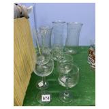 ETCHED WINE AND CHAMPAGNE GLASSES PLUS FOUR VASES