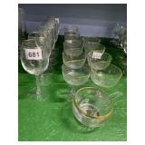 6 GOLD RIM WINE GLASSES, 9 GOLD RIM CHAMPAGNE