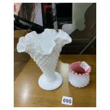 MILK GLASS HOTMAIL VASE AND PINK MILK GLASS HOP