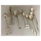 SERVING TONGS AND SILVER PLATE SPOONS