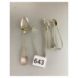 SILVER PLATE SPOON, UNMARKED SUGAR TONGS