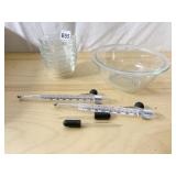 CANDY THERMOMETERS, GLASS BAKE DISHES, BOWL