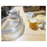 PYREX SUGAR/CREAMER, PYREX BOWL, FIRE KING MUG,