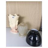 HULL VASE CRACKED, TIN GLOBE AND FROSTED SHADE