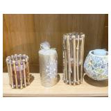 CANDLE HOLDERS BAMBOO STYLE GLASS, GOLD AND