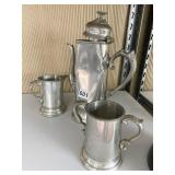 ANTIQUE PEWTER TEAPOT BADLY DENTED, CREAMER AND