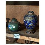 PAIR OF ENAMELED BRASS VASES