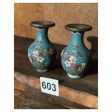 PAIR OF BRASS ENAMELED BUD VASES