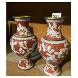 PAIR OF ENAMELED BRASS VASES