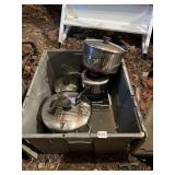 COPPER BOTTOM PANS AND OTHERS IN PLASTIC TOTE
