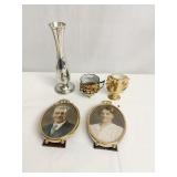 PEWTER BUD VASE, PICTURES, ETC.