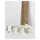 THREE BLUE MARK BELLEEK COVERED EGGS 3" L