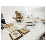 WOOD ROCKING HORSE, PLAQUES, ETC.