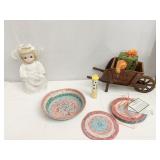 PRECIOUS MOMENTS APRIL DOLL, WOVEN BASKET, ETC.