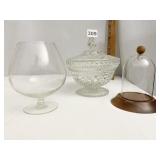 CLEAR PATTERNED GLASS CANDY DISH, GOBLET, AND