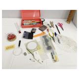 PIN CUSHION, PLIERS, PENCILS, PINS, SCISSORS,