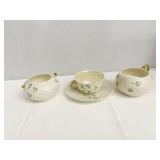 BELLEEK CREAMER, SUGAR, CUP & SAUCER