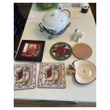 COVERED CASSEROLE IN HOLDER, IRON APPLE TRIVET,