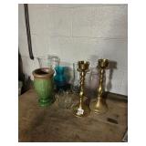BRASS CANDLE HOLDERS, ASSORTED VASES