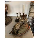 SILVER PLATE MEAT SERVER, CANDLE STICKS, GOBLETS,