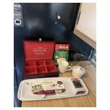 RED VELVET LINED TEA BOX, COFFEE FILTERS,