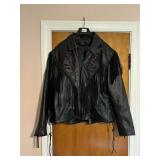 SZ L FRINGED HEAVY LEATHER JACKET WITH PURPLE