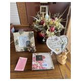 FLOWER ARRANGEMENT WITH APPLES, PICTURE FRAMES,