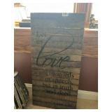 LARGE RELIGIOUS WOOD SIGN, GALVANIZED BASKET
