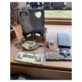 WOOD BASKET, BOYDï¿½S BEAR FIGURINE, ANGEL