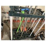 GARDEN TOOL HOLDER WITH TOOLS INCLUDING RAKES,