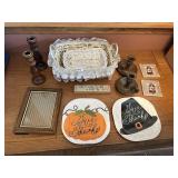 CANDLE HOLDERS, WOOD AND SIGNED POTTERY,