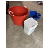 ROPE HANDLED BUCKET, PAINT HOLDER ETCETERA