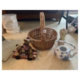 LARGE HANDLED BASKET, TEDDY BEAR DECORATION,