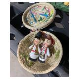 WOVEN BASKETS WITH LIDS AND TWO DOLLS