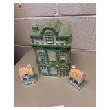 HOUSE SHAPED COOKIE JAR AND TWO SHAKERS
